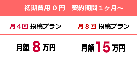 ８ 月額 万円 初期費用 0円　契約期間１ヶ月～ ５ 月額 万円 １ 月８回 投稿プラン 月４回 投稿プラン